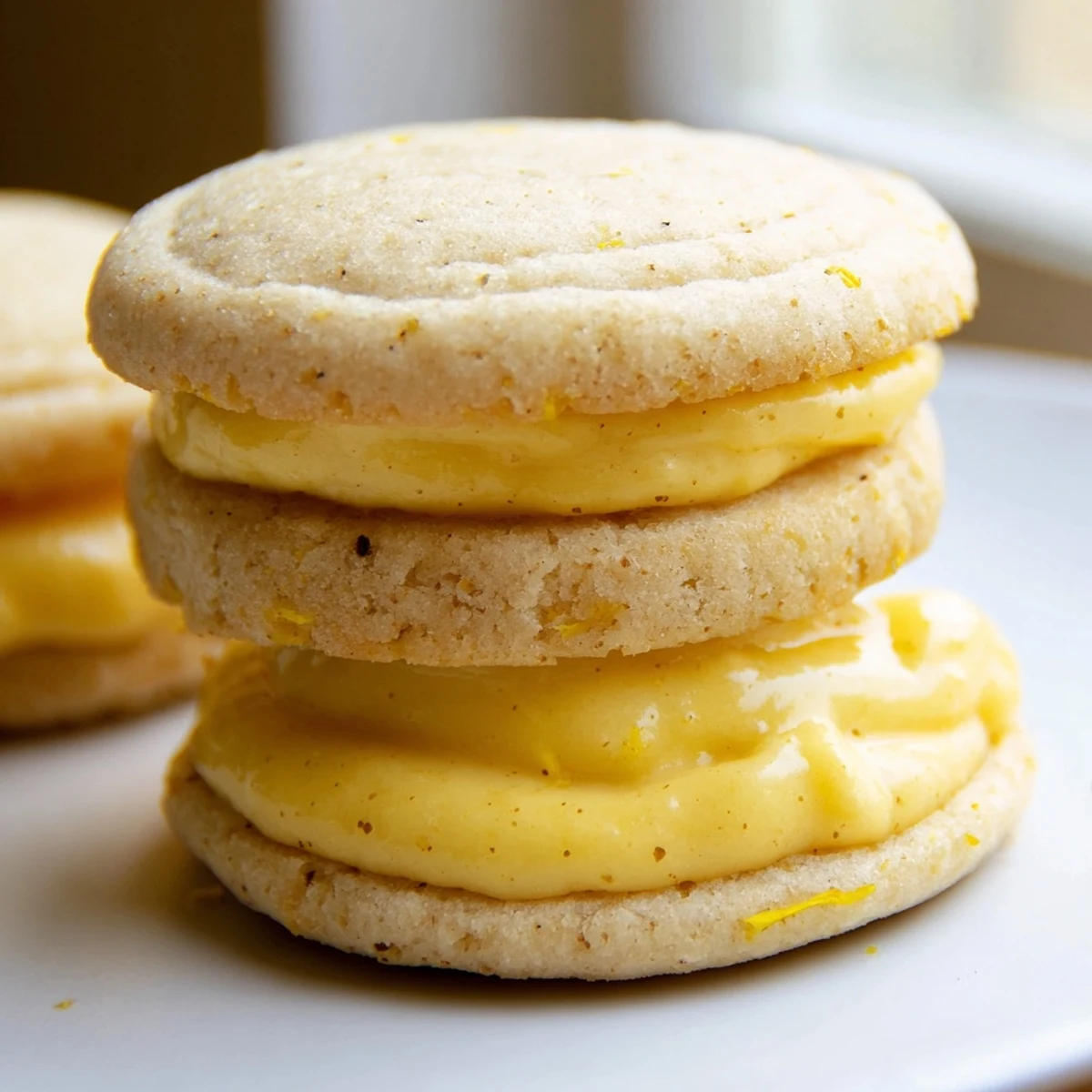 Close-up of vegan lemon sandwich cookies showing bright zesty filling between buttery rounds