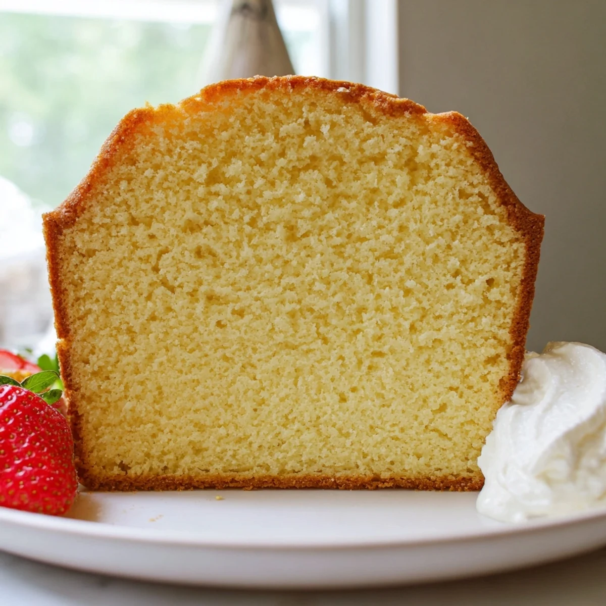 Classic pound cake fresh from the oven with a cracked golden brown top