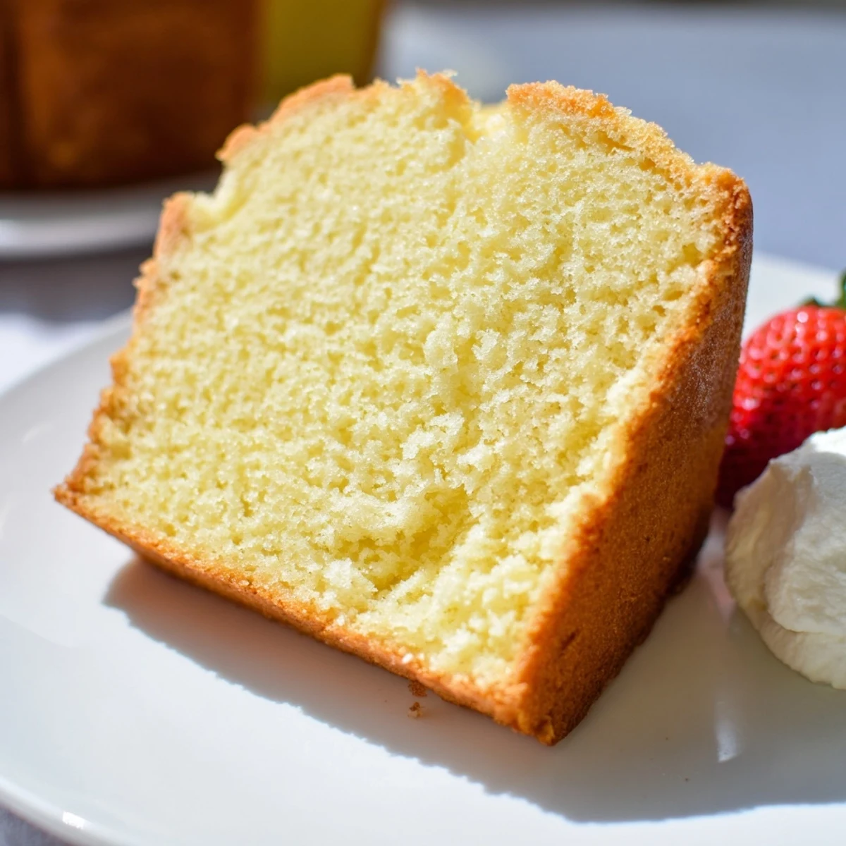 Warm pound cake sliced thick and topped with fresh strawberries and whipped cream