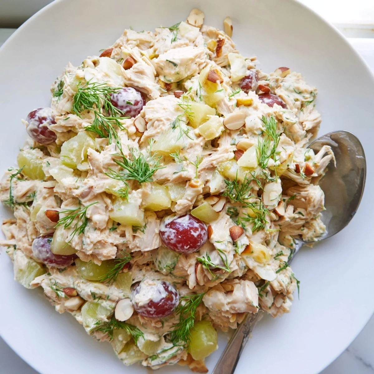 Vegan chicken salad served in a crisp lettuce wrap with crunchy almonds and celery
