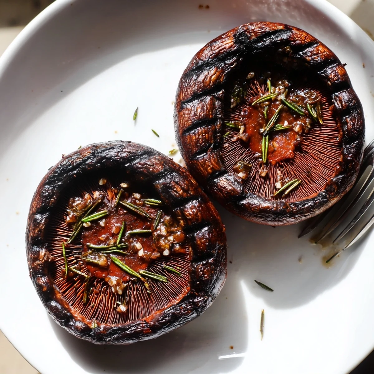 Juicy Portobello steaks with bold grill marks resting on a rustic wooden cutting board
