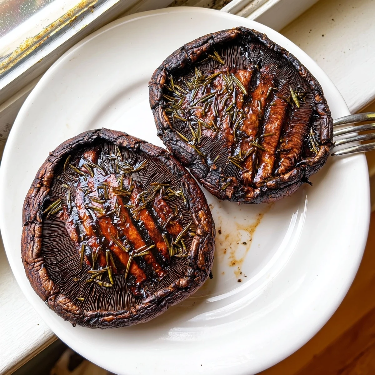 Tender Portobello steaks drizzled with balsamic marinade and garnished with fresh chopped rosemary