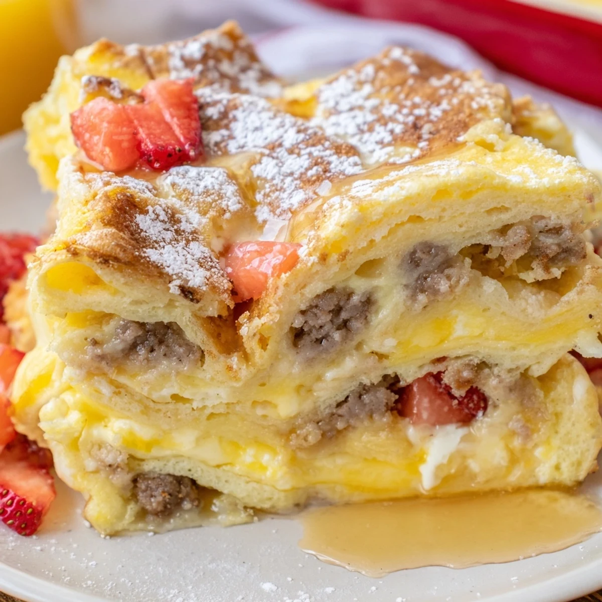 Golden Overnight Pancake Breakfast Bake fresh from the oven with melted cheddar and maple syrup drizzle