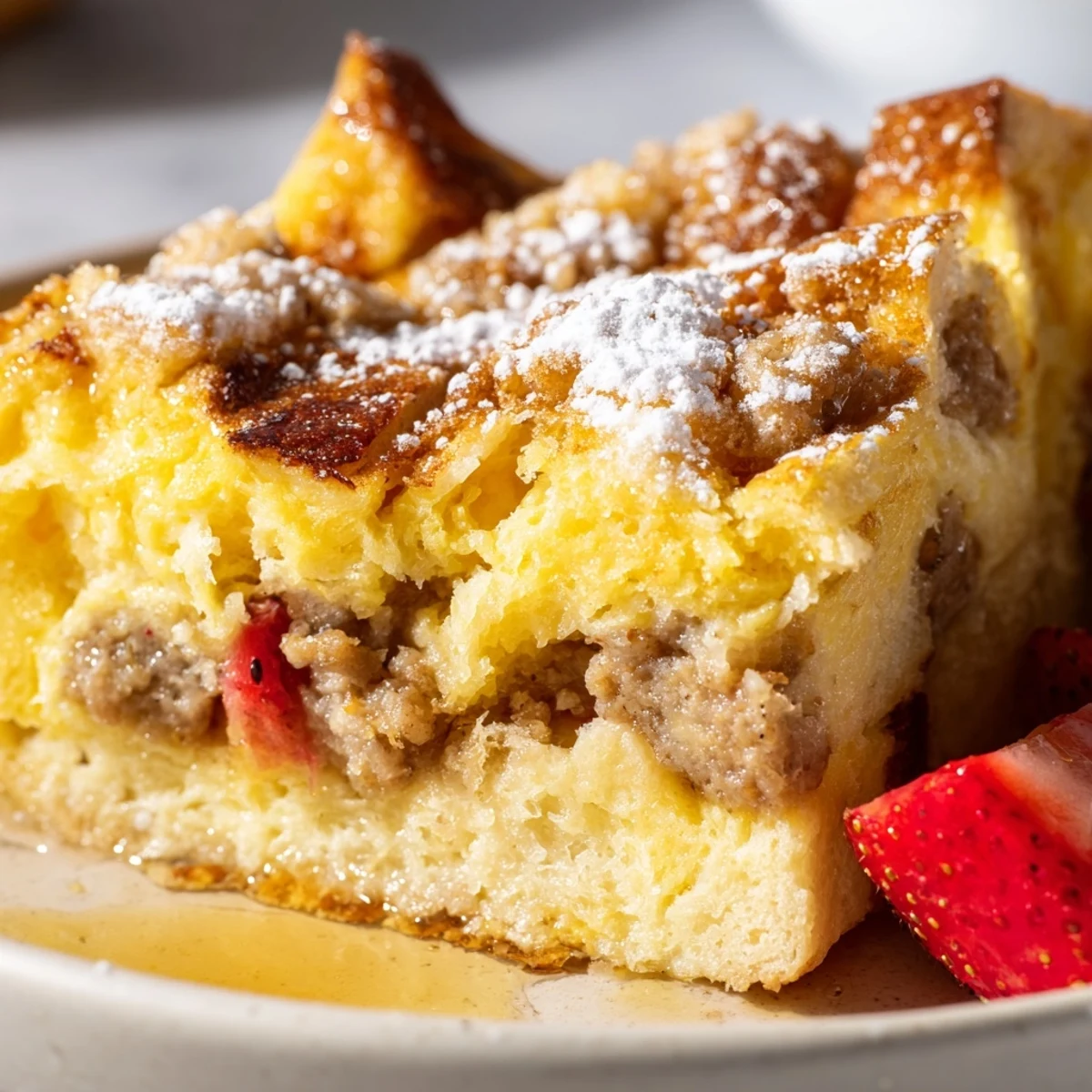 Fluffy Overnight Pancake Breakfast Bake sliced into hearty squares topped with powdered sugar and fresh berries