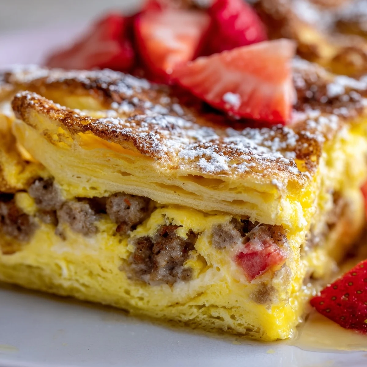 Bubbling Overnight Pancake Breakfast Bake in a cozy 9x13 dish brimming with custard-soaked pancake layers