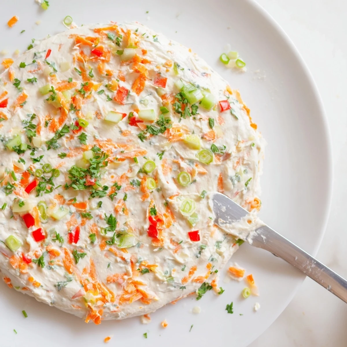 Creamy garden vegetable spread topped with fresh herbs and served alongside crispy crackers