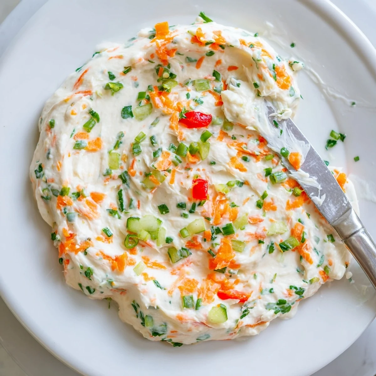 Vibrant garden vegetable spread in a bowl surrounded by toast points and raw veggies