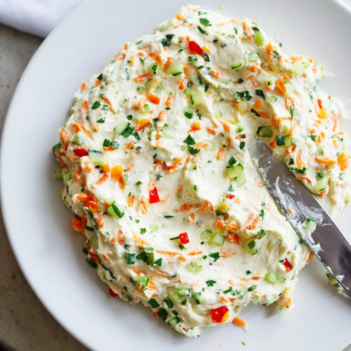 Smooth garden vegetable spread garnished with chives and scooped up with a rustic cracker