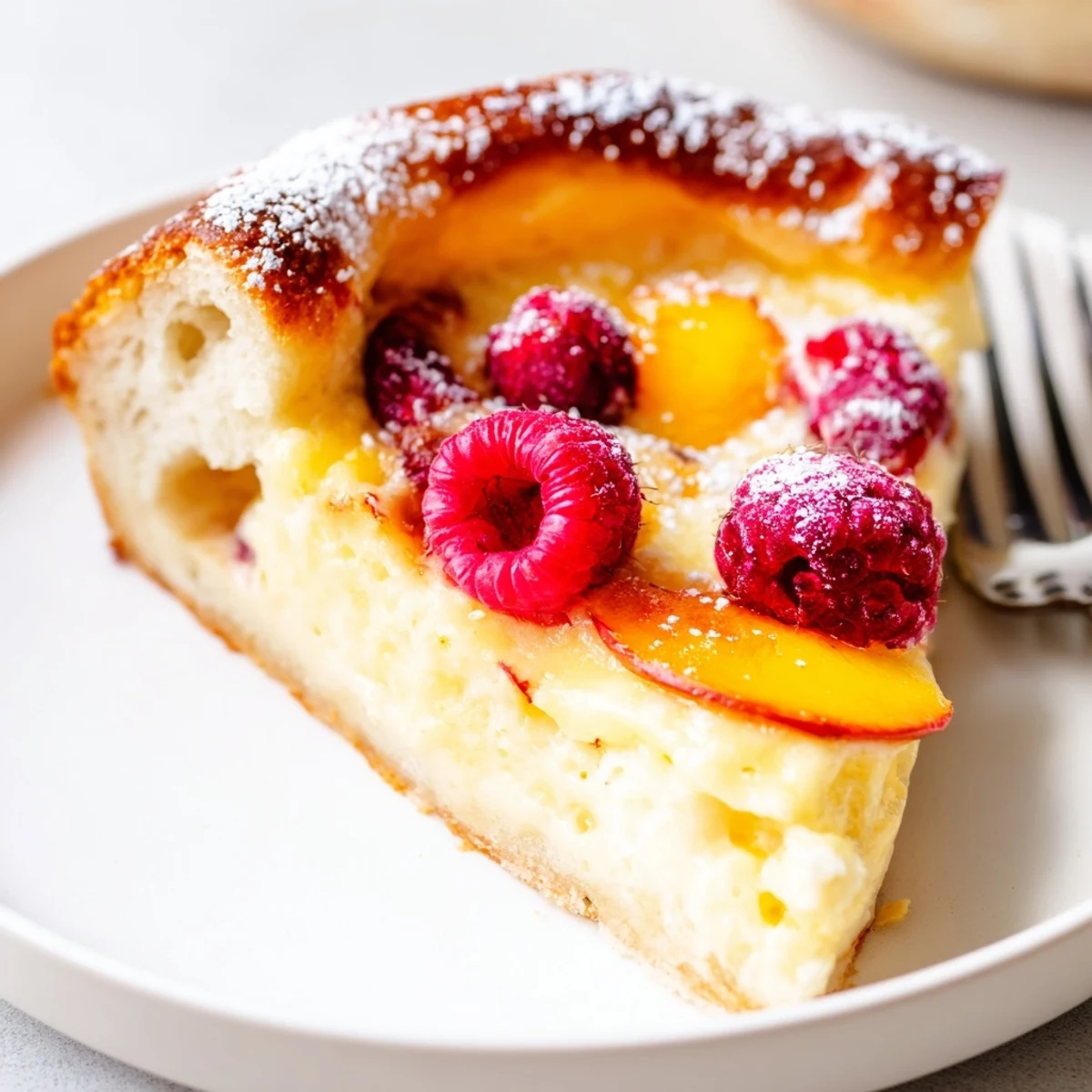 Warm baked custard brioche pizza sliced and dusted with snowy powdered sugar