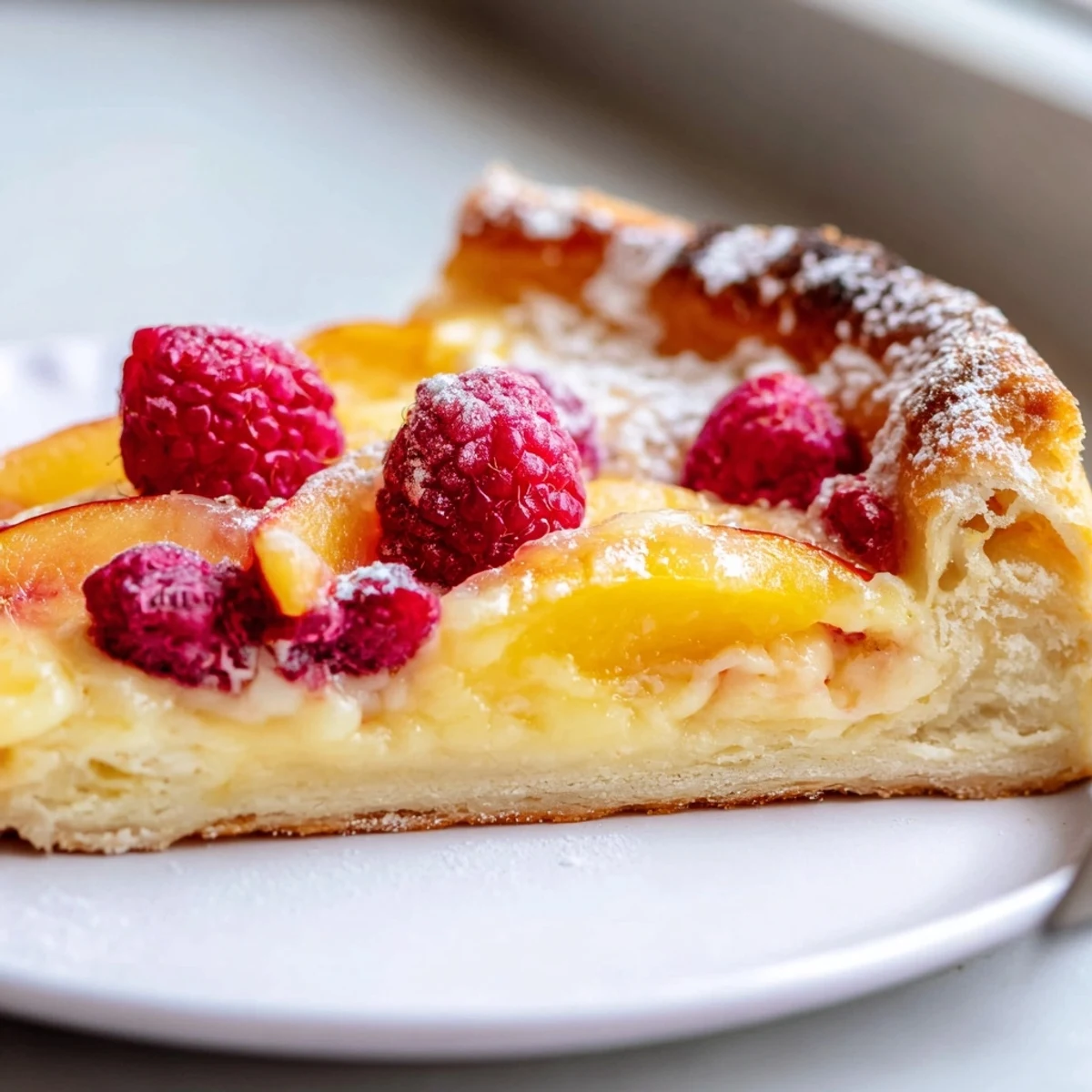 Golden baked custard brioche pizza with creamy vanilla filling and caramelized edges