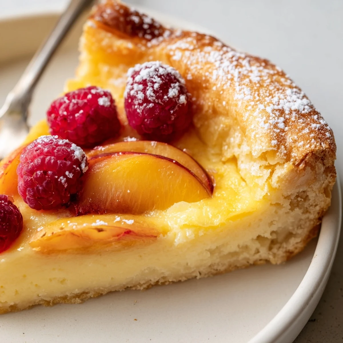 Pillowy baked custard brioche pizza topped with silky vanilla custard and fresh berries