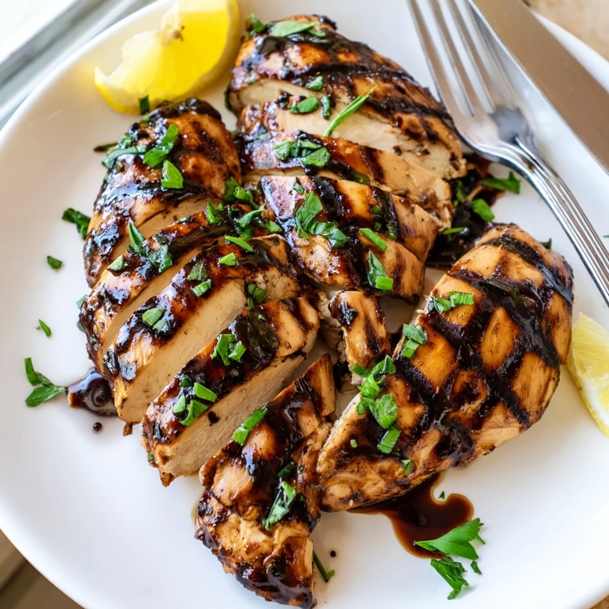 Juicy Marinated Balsamic Chicken fresh off the grill with golden char marks