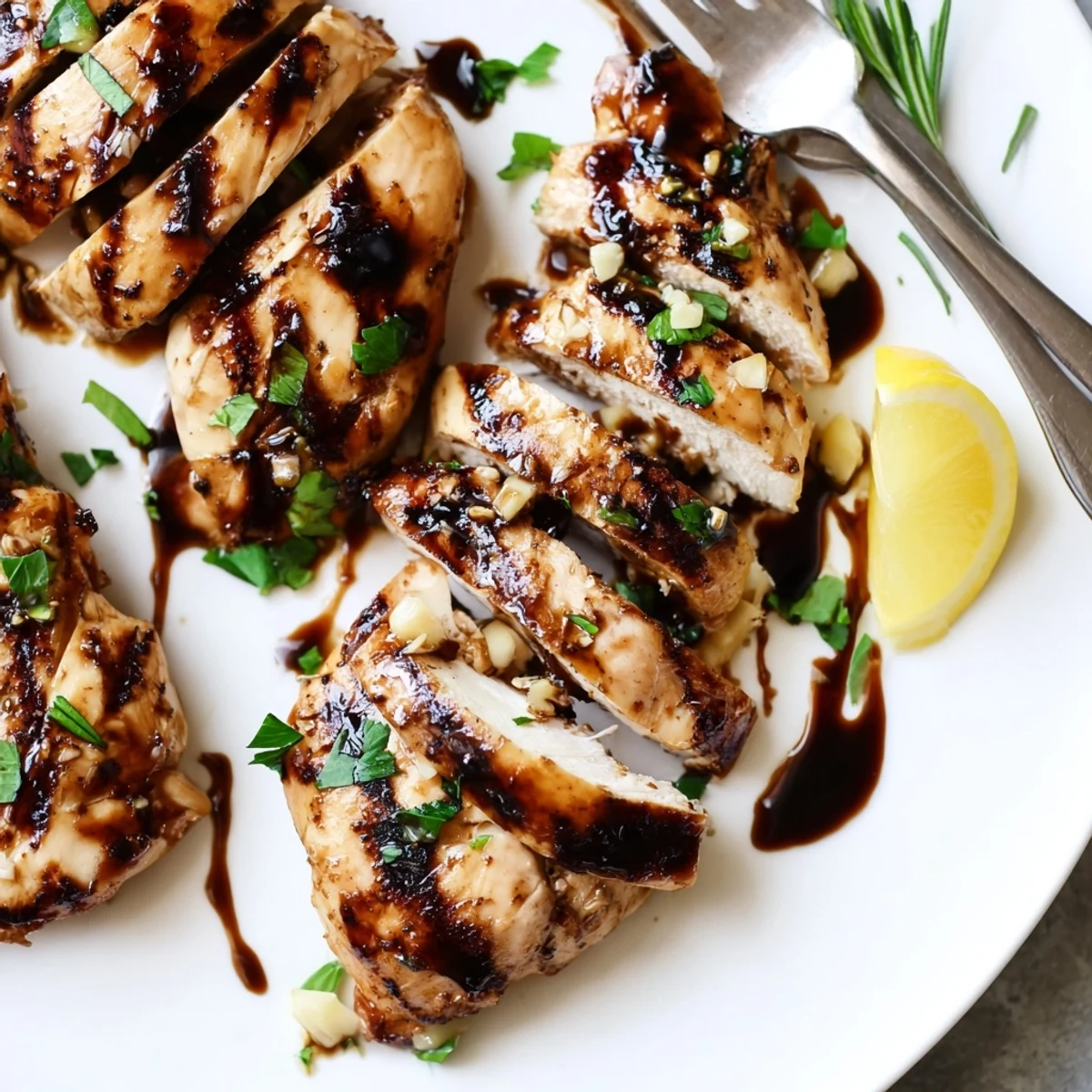 Sliced Marinated Balsamic Chicken plated with fresh parsley and lemon wedges