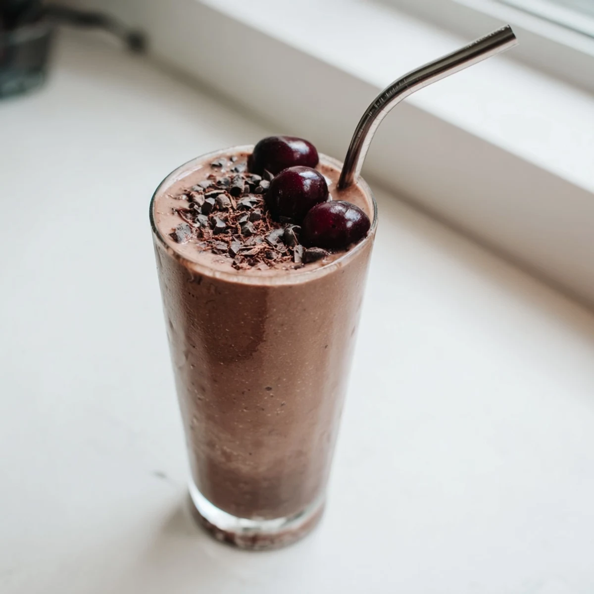 Thick chocolate cherry protein shake topped with fresh cherries in a tall glass