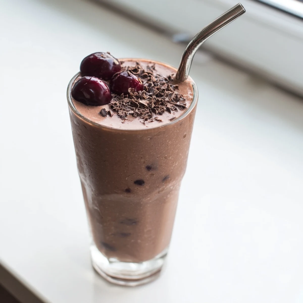 Creamy chocolate cherry protein shake blended smooth and poured into a mason jar