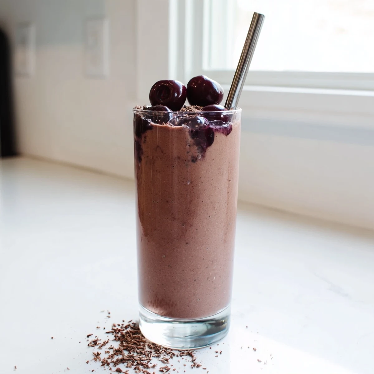 Rich chocolate cherry protein shake garnished with cocoa powder and dark chocolate shavings