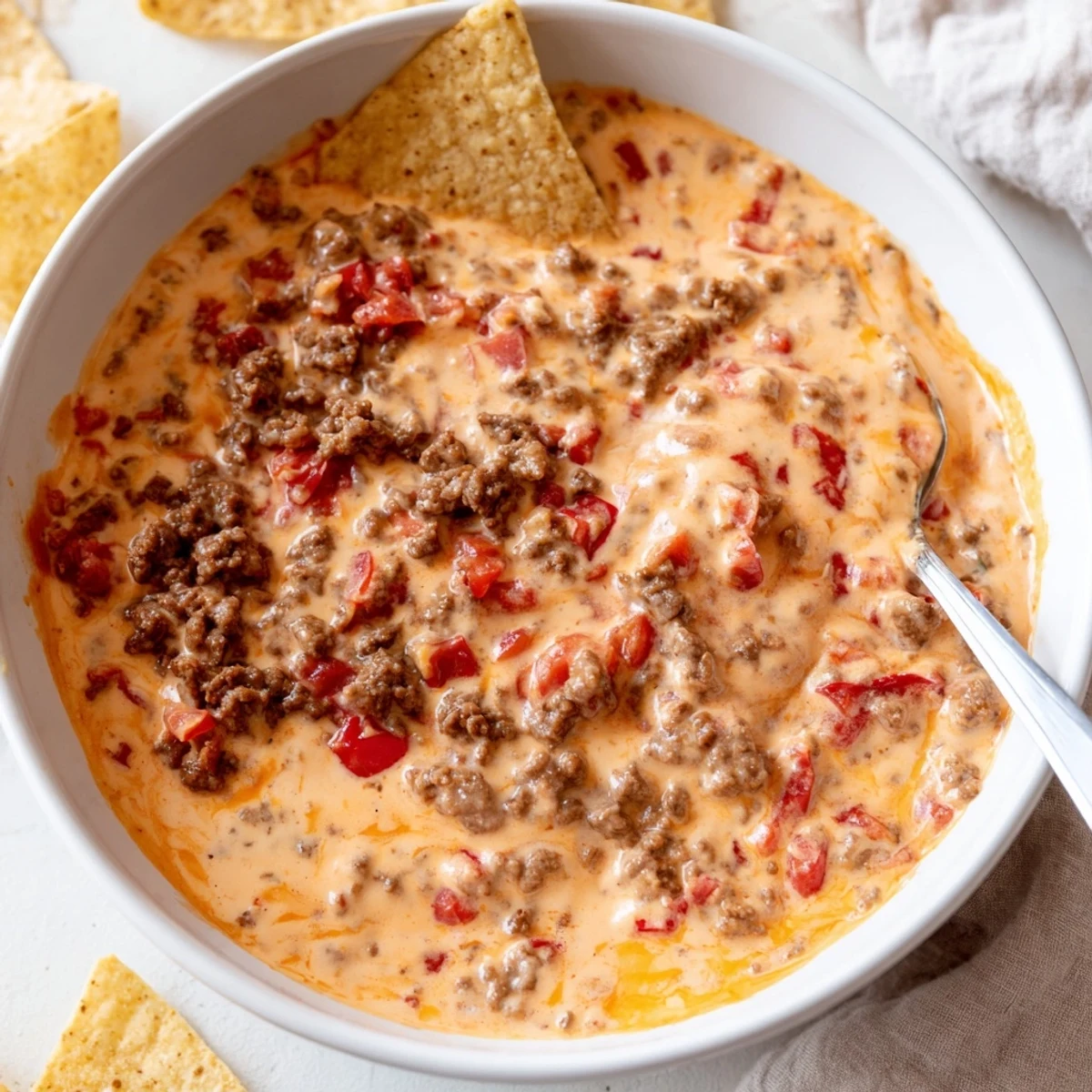 Bubbling melted cheese in this easy Rotel dip recipe with golden chips