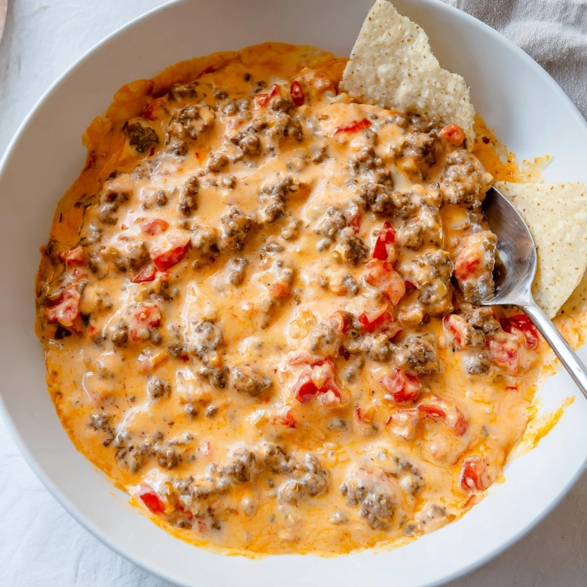Creamy Rotel dip recipe served hot in a bowl with tortilla chips