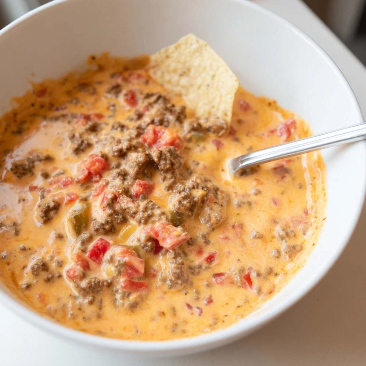 Thick velvety Rotel dip recipe poured over crispy nachos at a party