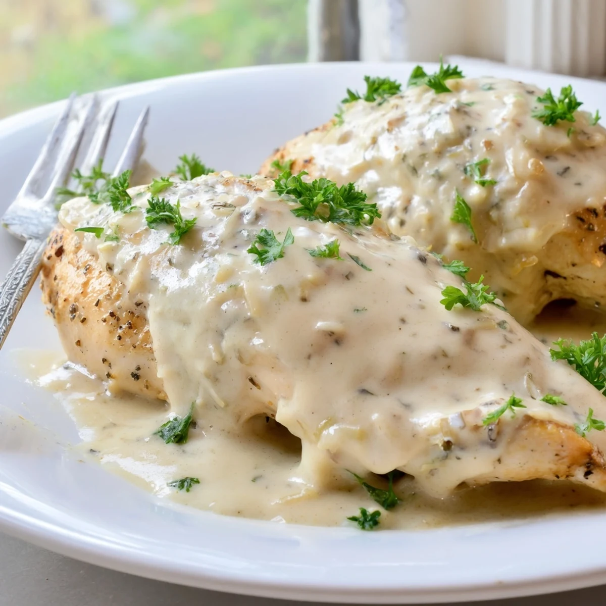 Cream Cheese Chicken with golden seared breasts smothered in a velvety Parmesan sauce