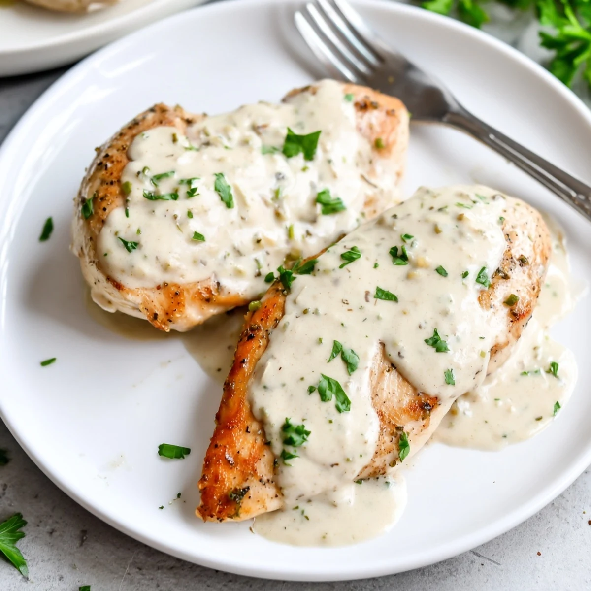 Cream Cheese Chicken served bubbling from the skillet topped with fresh chopped parsley
