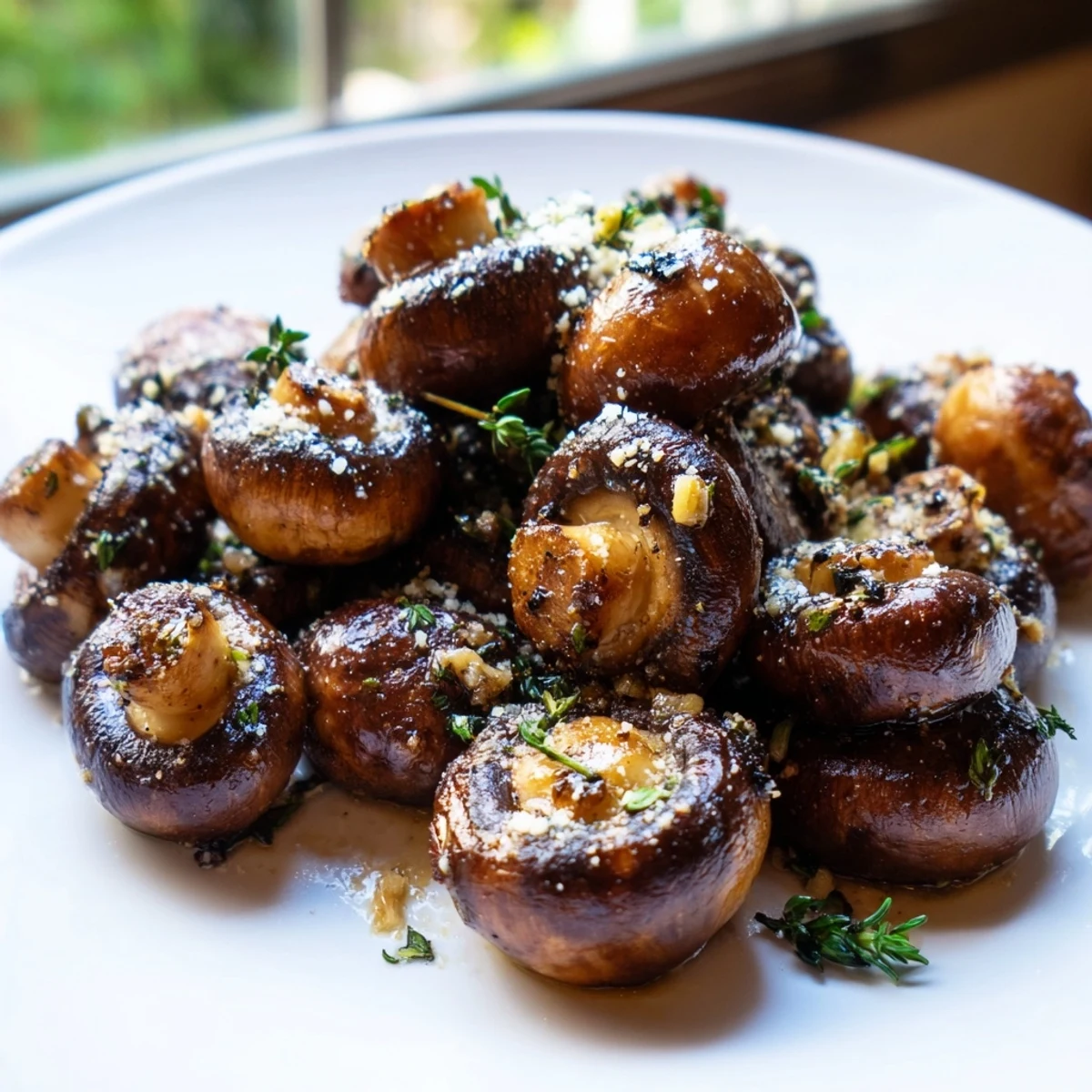Golden grilled garlic mushrooms glistening with olive oil and fresh herbs in a skillet