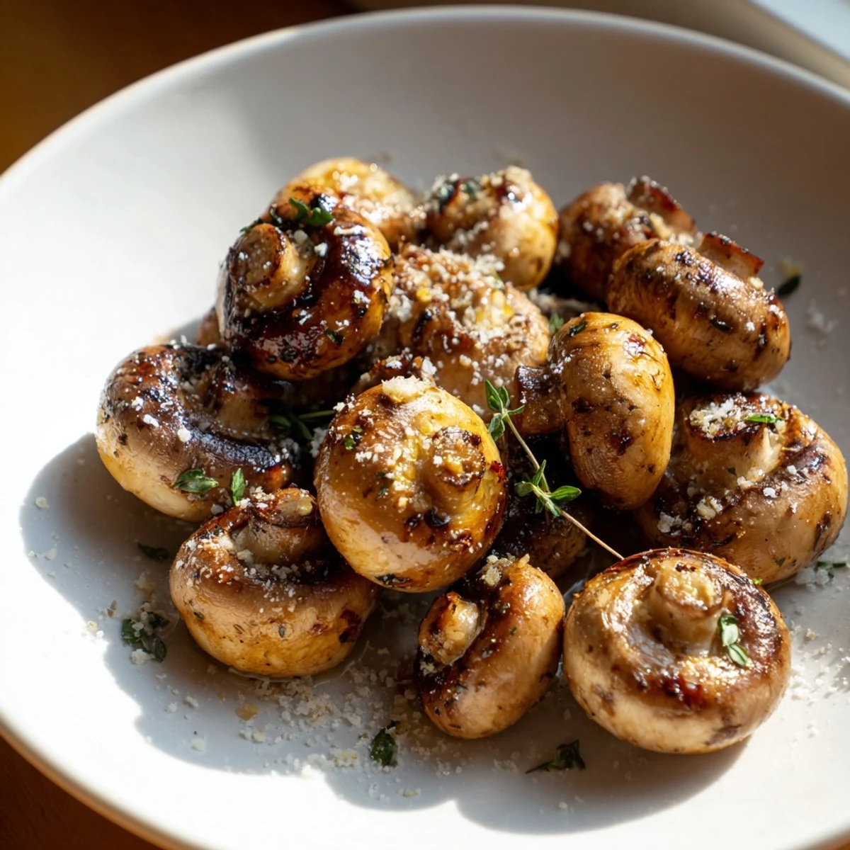 Smoky charred mushrooms coated in garlicky olive oil and sprinkled with parsley and thyme