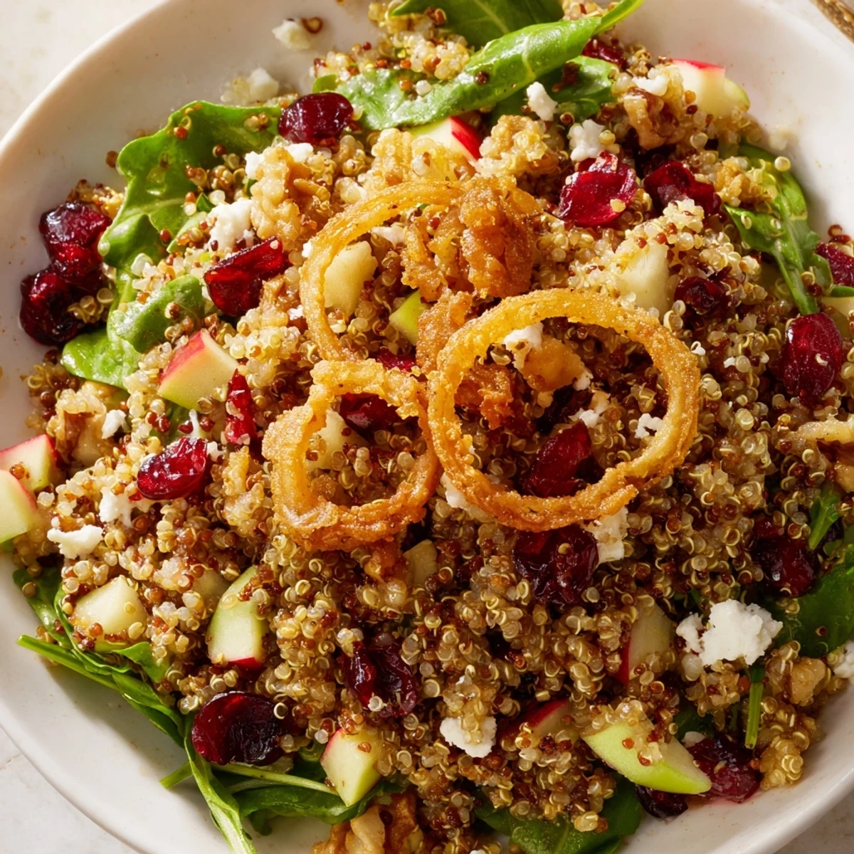 Fluffy quinoa and diced apples coated in honey mustard dressing finished with crunchy fried shallots