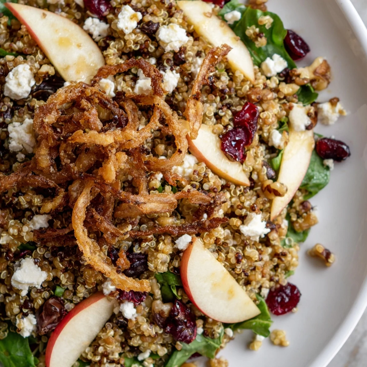 A close-up of honey mustard quinoa apple salad tossed with fresh greens and cranberries