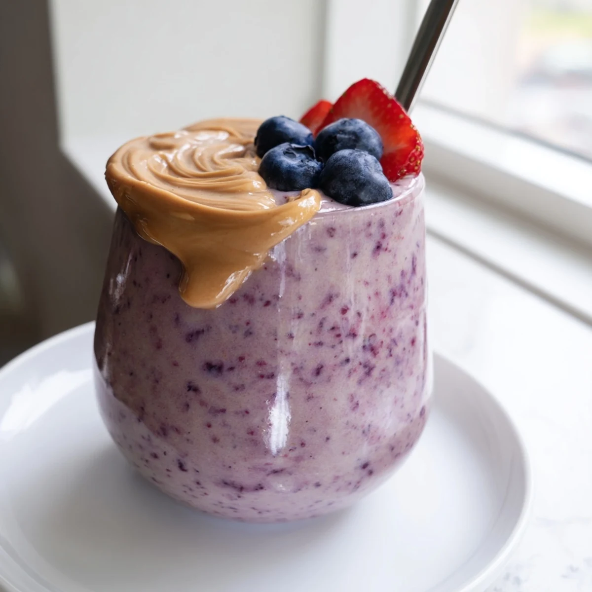 A thick purple peanut butter berry smoothie poured into two tall glasses with fresh strawberry garnish on a rustic wooden countertop