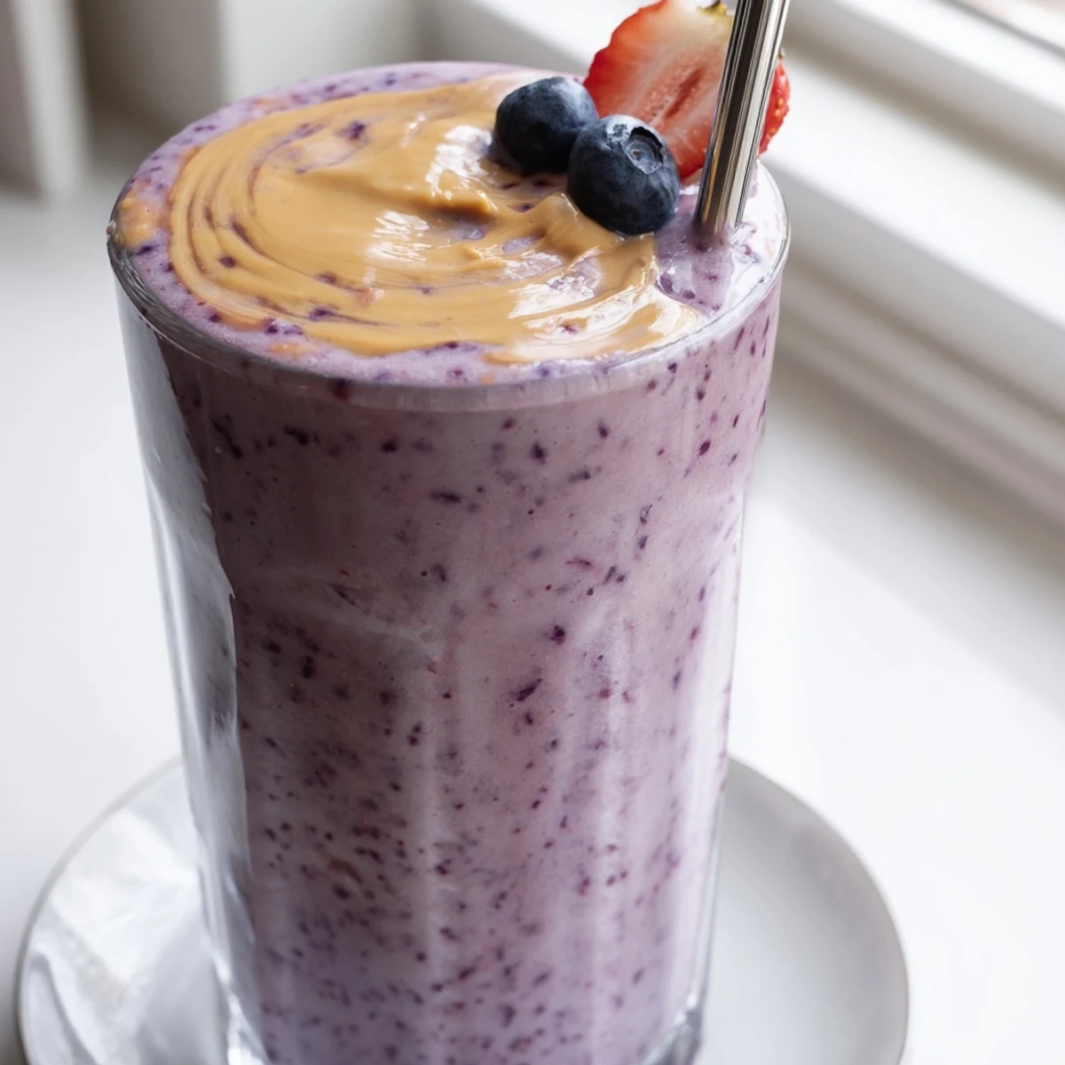 Creamy peanut butter berry smoothie swirled with streaks of deep purple and pink topped with scattered blueberries beside a striped straw