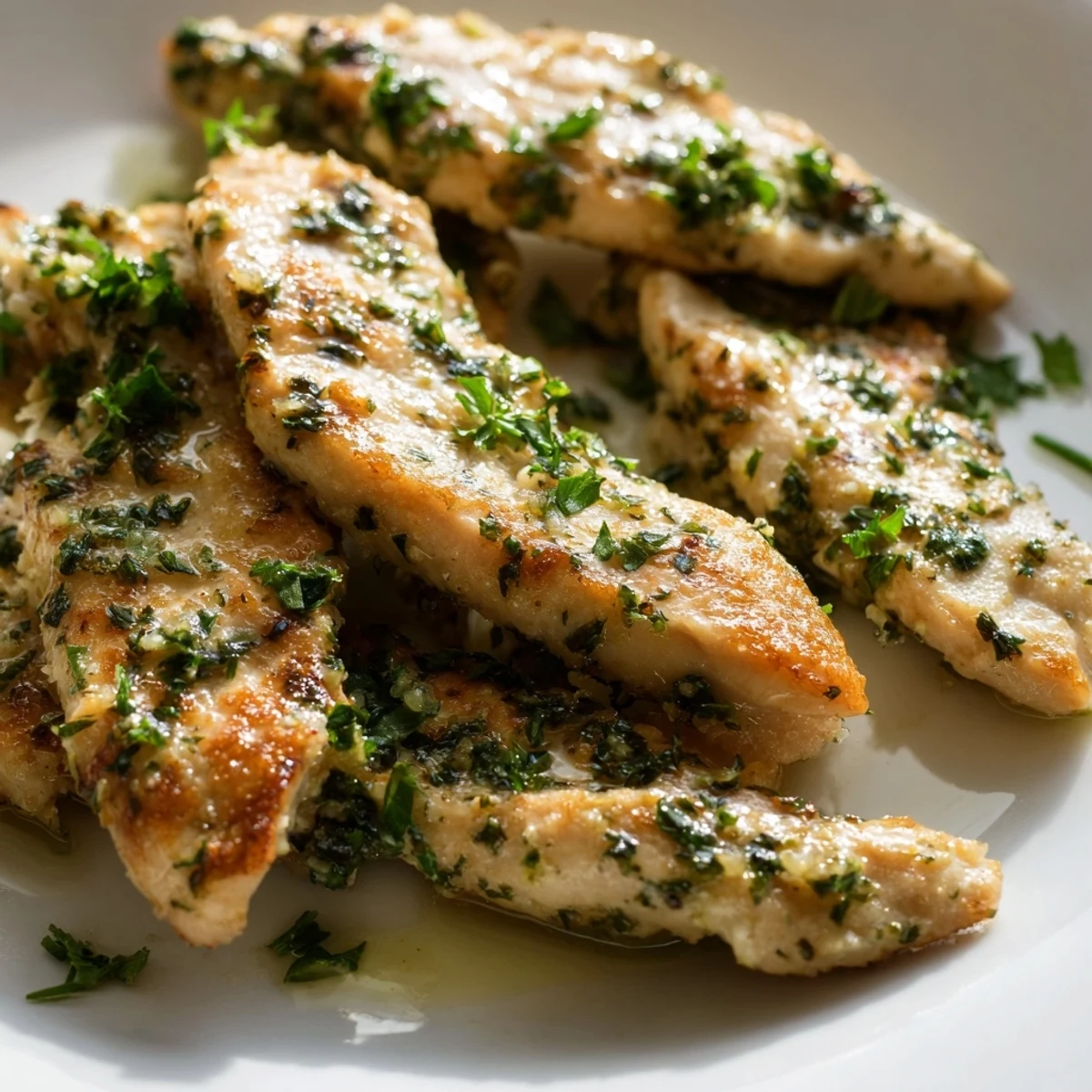 Golden savory garlic herb chicken plated with fresh parsley and lemon wedges