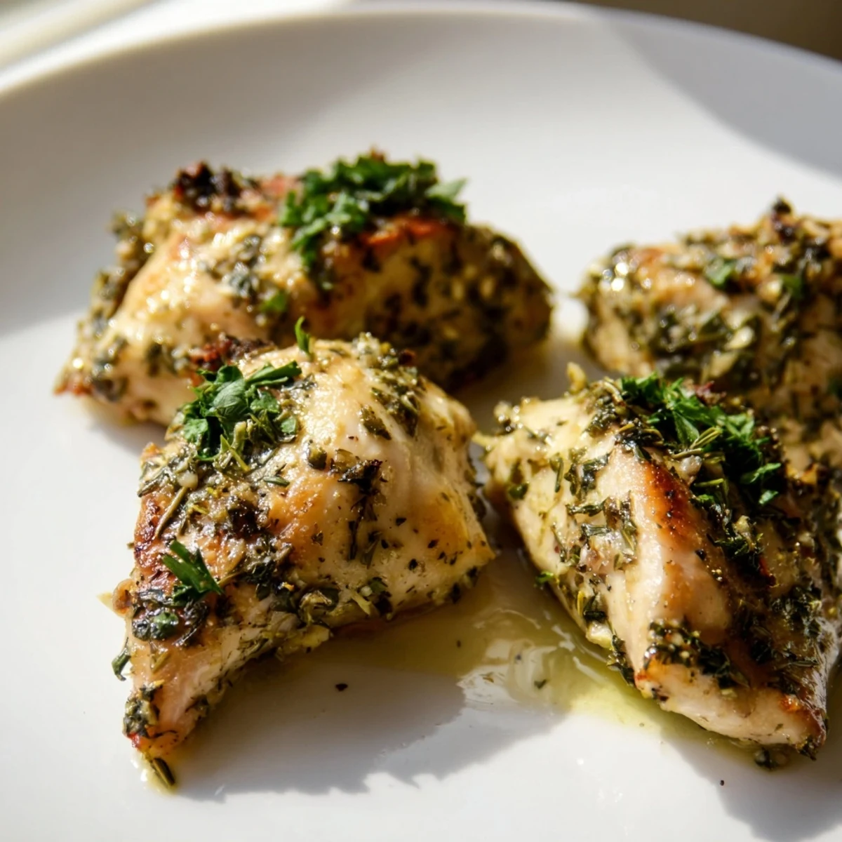 Juicy savory garlic herb chicken sliced open revealing tender herb-flecked meat