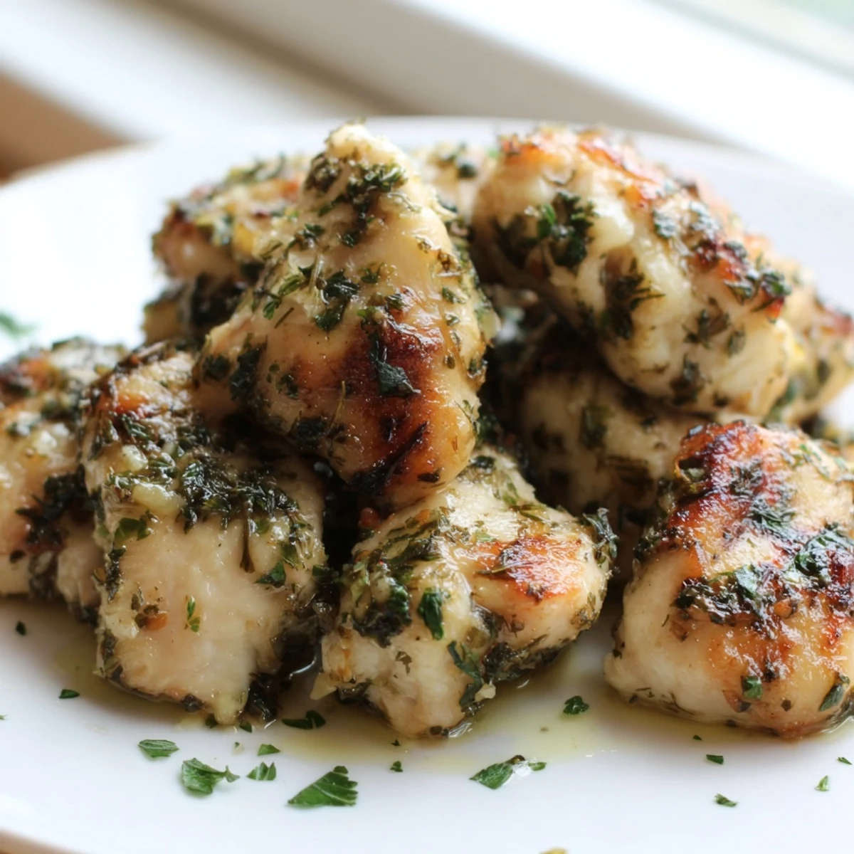 Savory garlic herb chicken served alongside roasted vegetables on a white platter