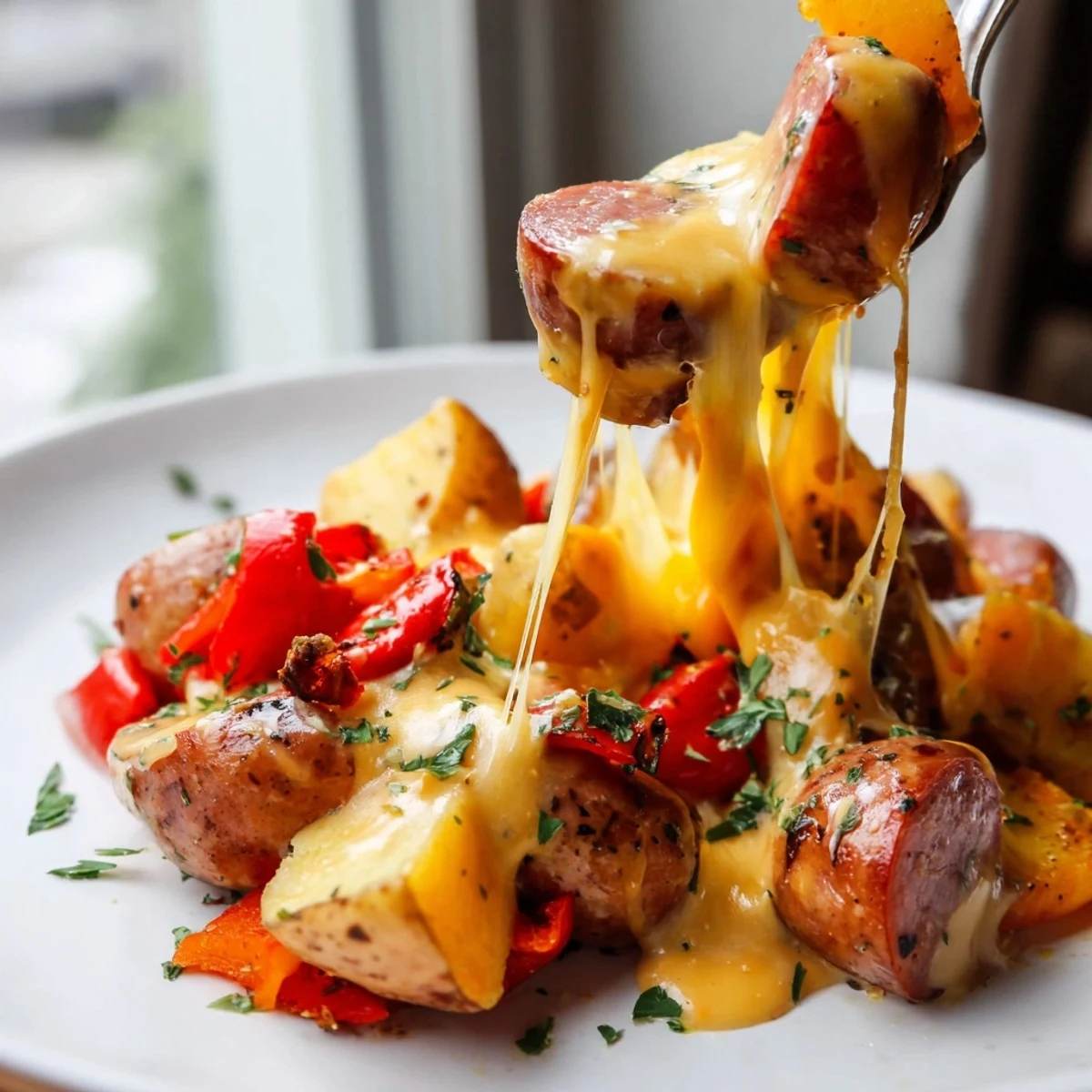 Creamy cheesy kielbasa skillet with golden potatoes and melted cheddar bubbling hot