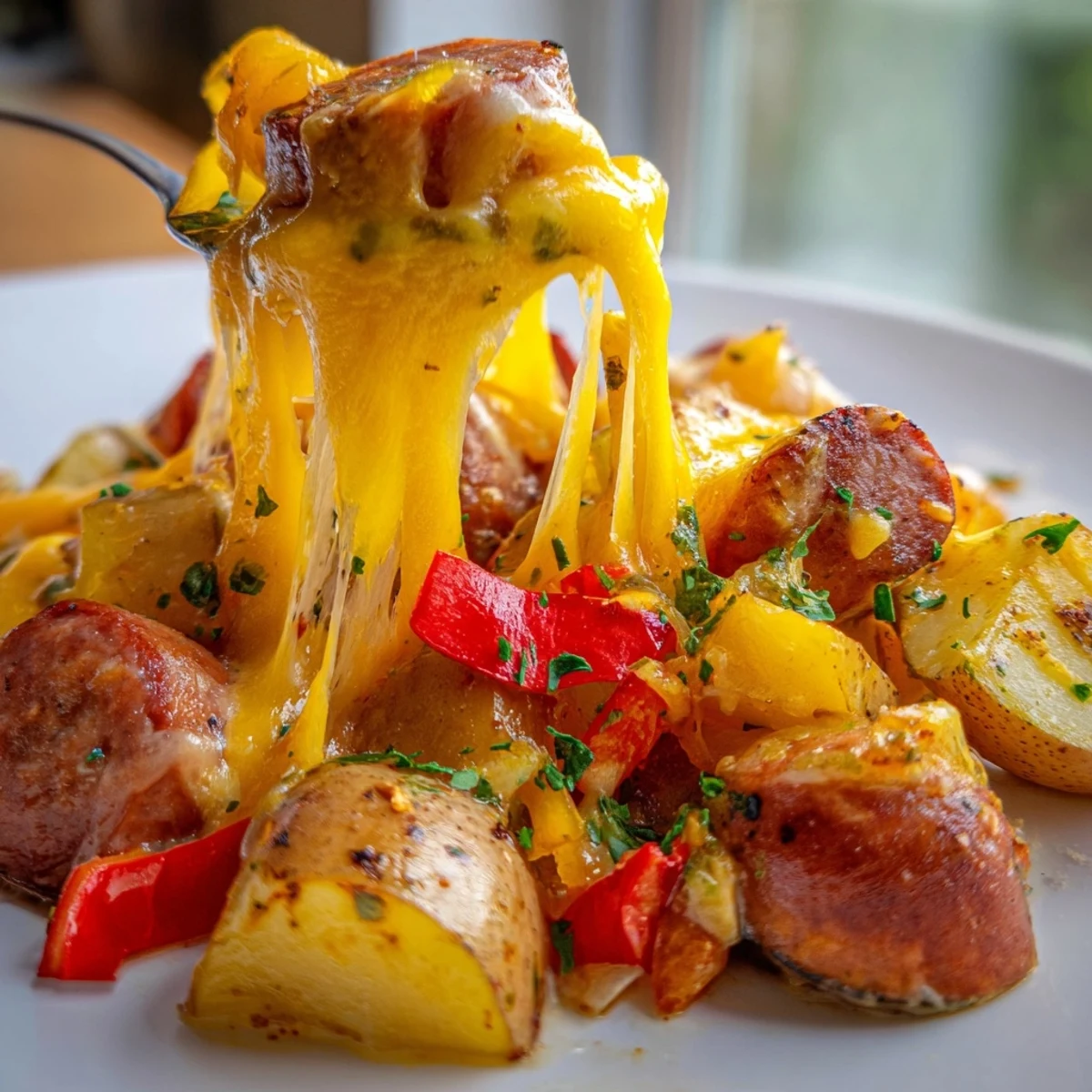 Smoky cheesy kielbasa skillet loaded with tender potatoes and colorful bell peppers