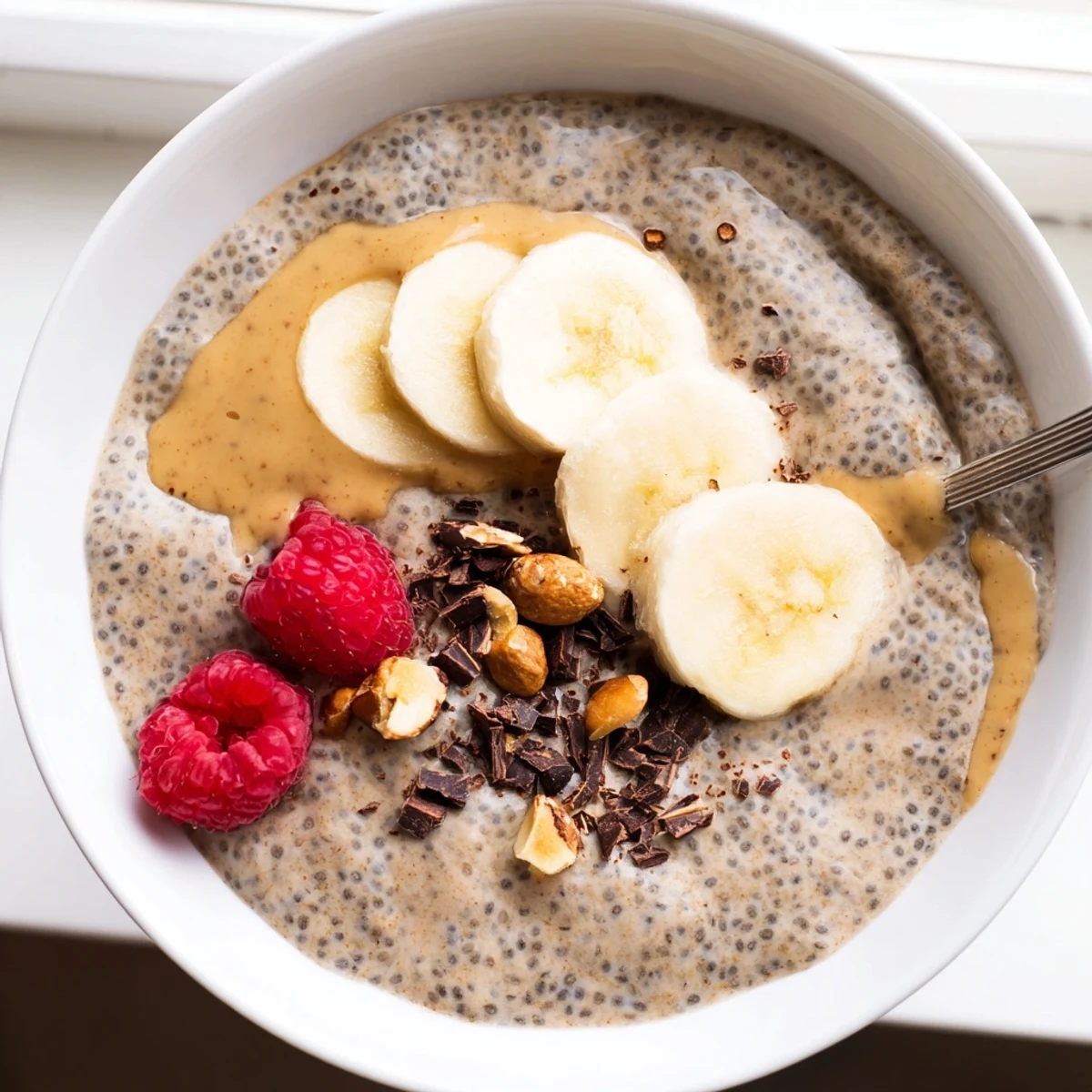 Creamy peanut butter chia pudding topped with sliced banana and chopped peanuts in a glass jar