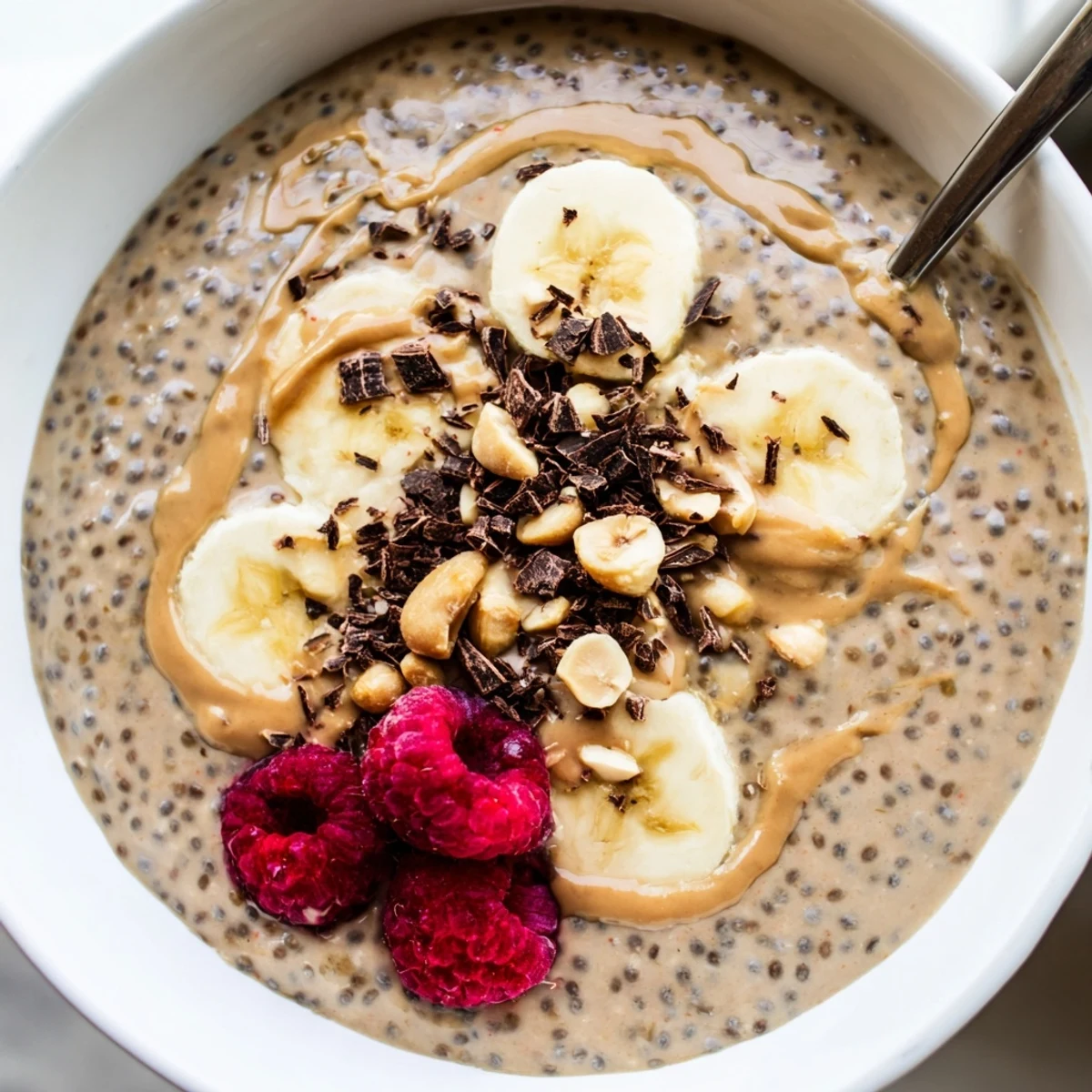Thick peanut butter chia pudding served in mason jars with dark chocolate shavings and fresh berries