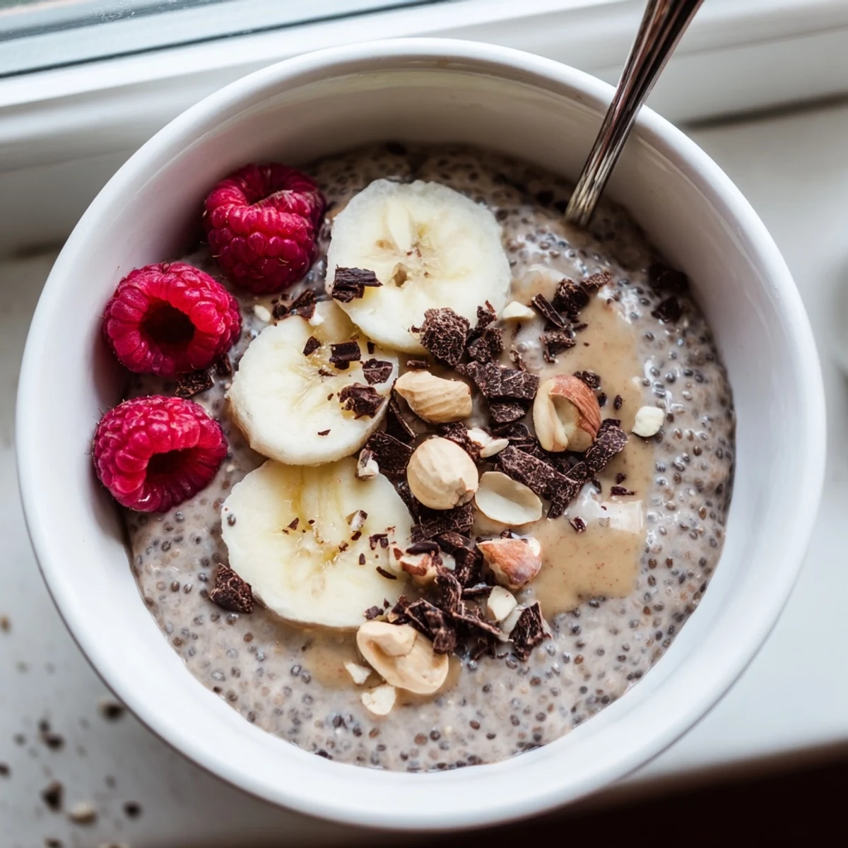 Rich and velvety peanut butter chia pudding garnished with banana slices in a rustic bowl
