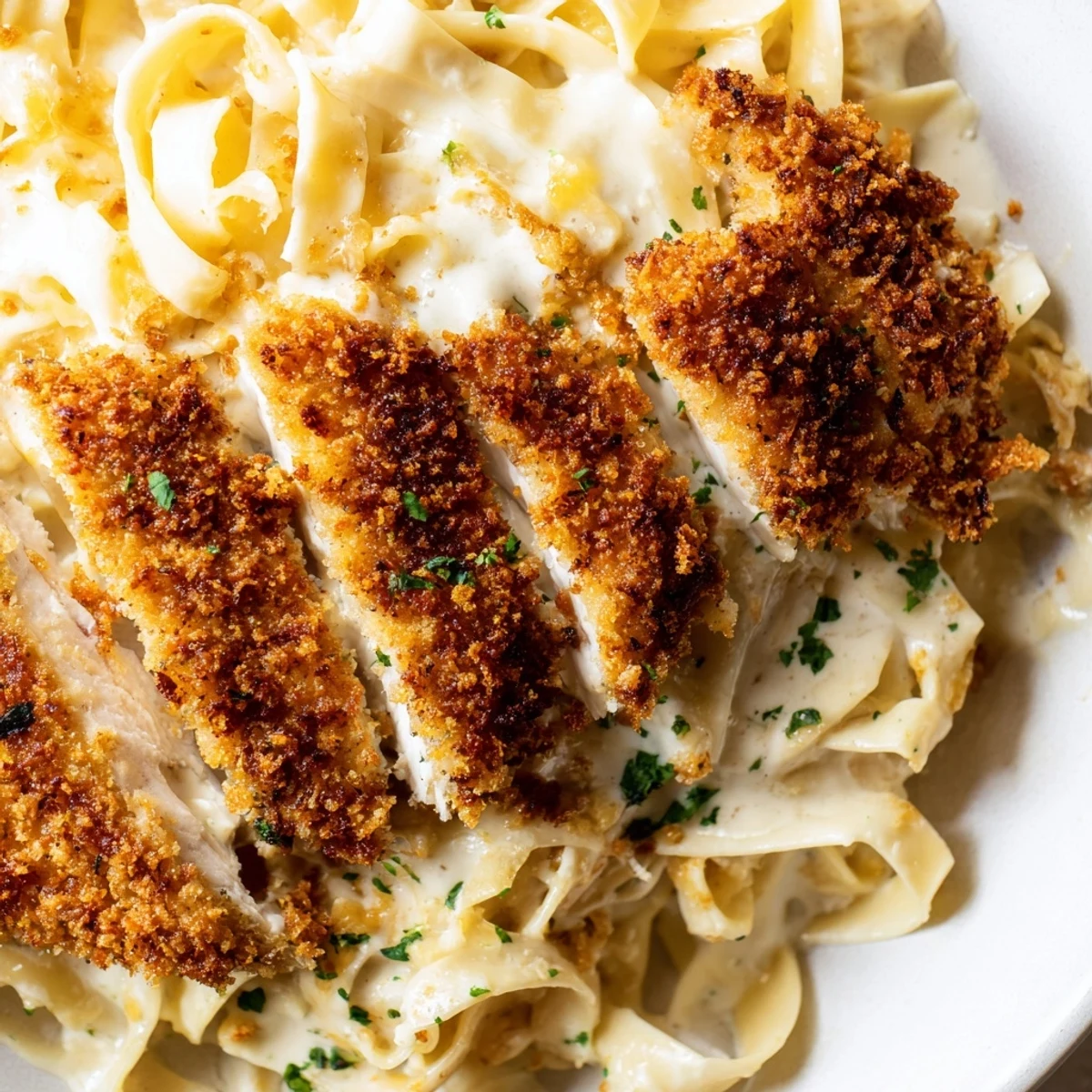 Golden crispy chicken rests atop creamy fettuccine in this family friendly crispy chicken Alfredo dish.