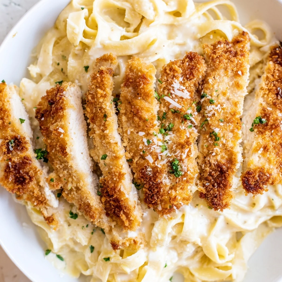Creamy Parmesan Alfredo sauce coats tender pasta with crispy chicken cutlets in a white bowl.