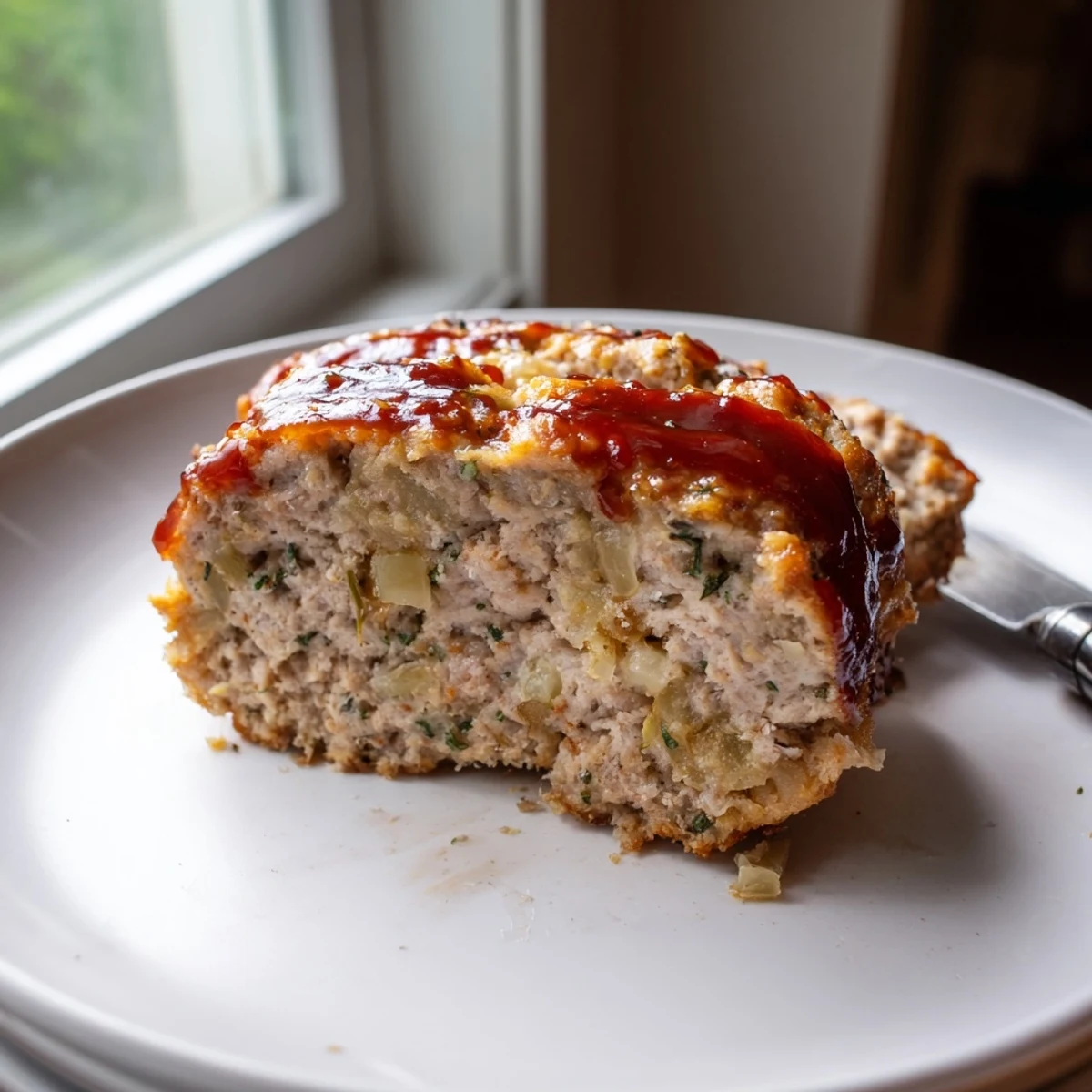 Golden Parmesan chicken meatloaf sliced thick with tangy tomato glaze on a rustic plate