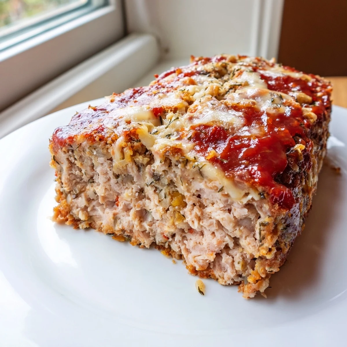 Parmesan chicken meatloaf fresh from the oven topped with melted cheese and herb flecks