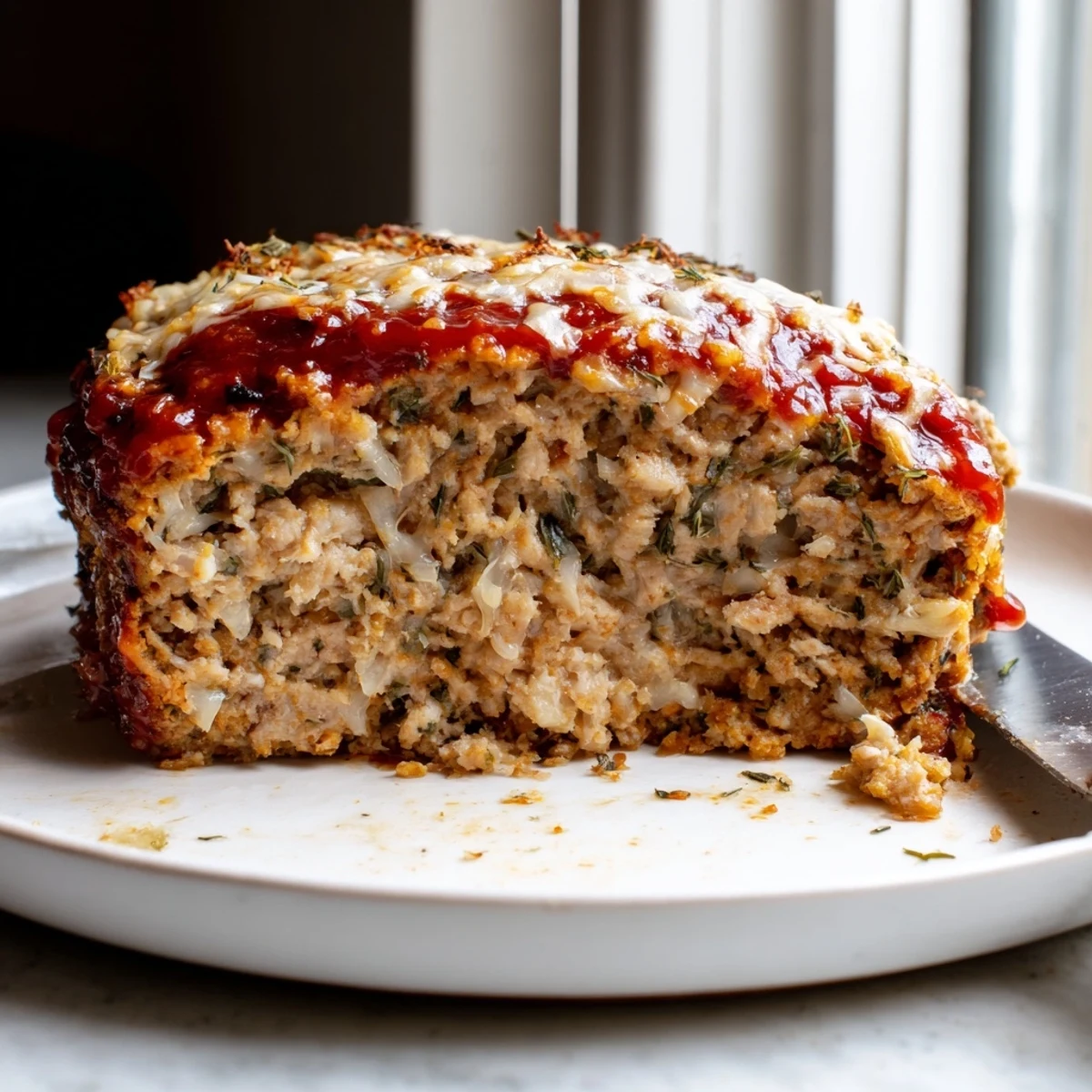 Juicy Parmesan chicken meatloaf garnished with fresh parsley beside creamy mashed potatoes