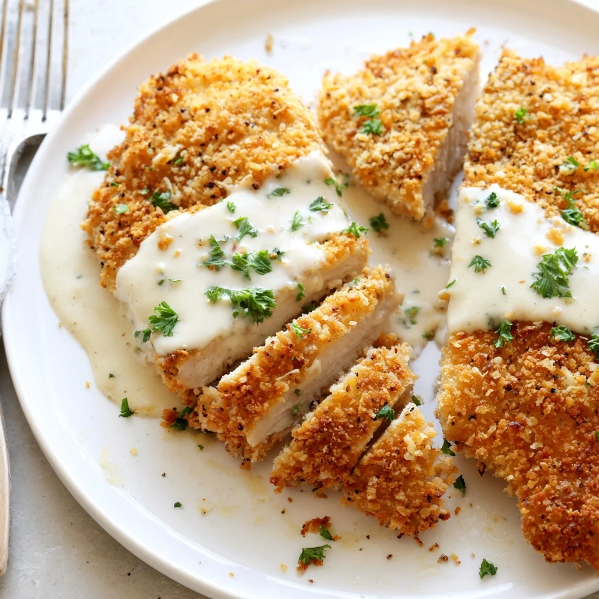 Golden crispy Parmesan chicken drizzled with rich creamy garlic sauce on a white plate