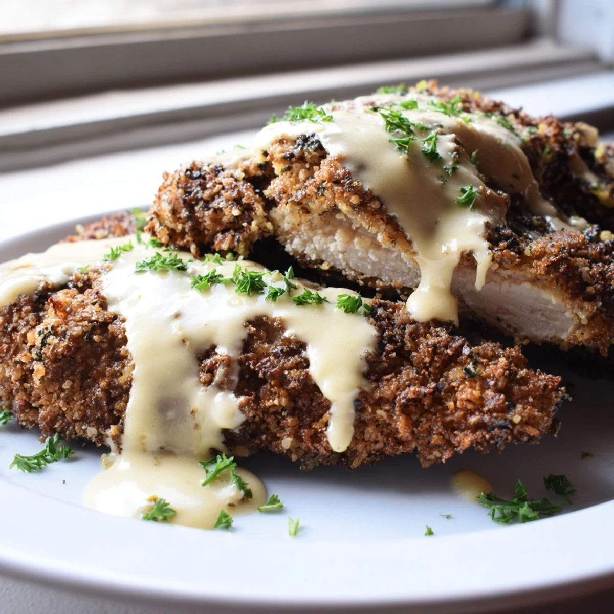 Crispy Parmesan chicken with creamy garlic sauce served over buttery mashed potatoes