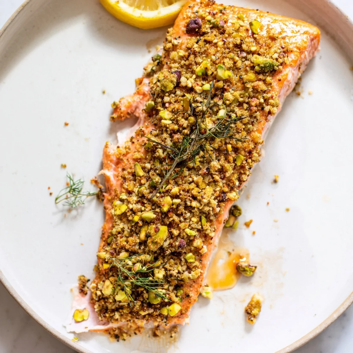 Golden maple pistachio salmon fillets fresh from the oven with a caramelized crust