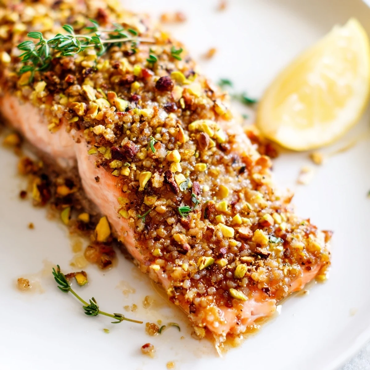 Crispy pistachio-crusted maple salmon served on a white plate with lemon wedges