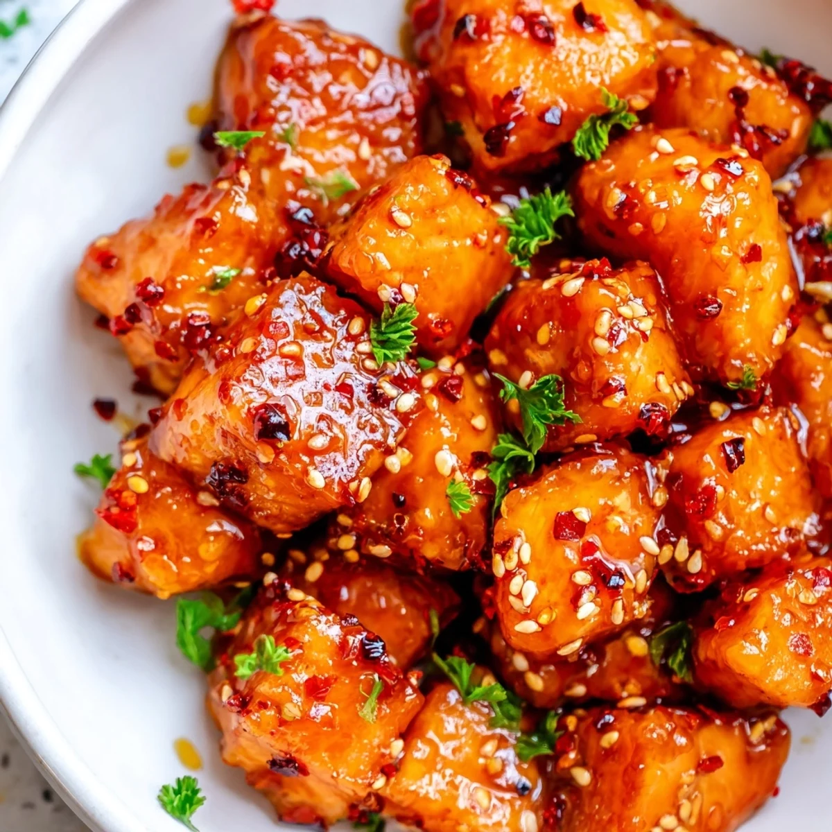 Caramelized hot honey salmon bites glistening with sweet and spicy glaze on a white plate