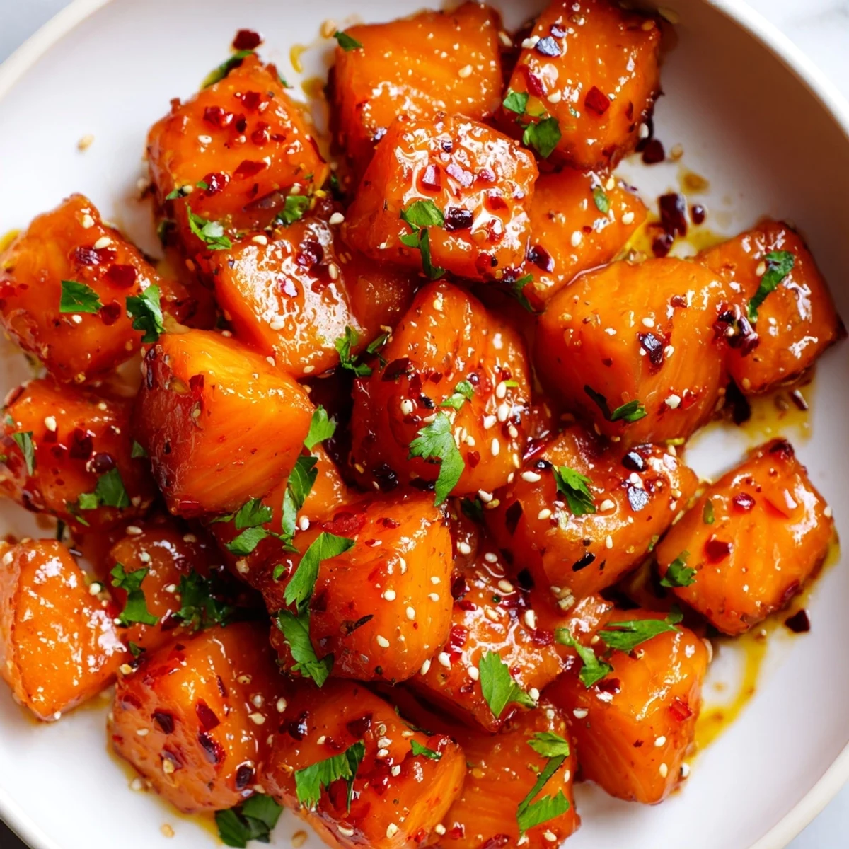Golden salmon bites drizzled with sticky hot honey sauce garnished with fresh green herbs